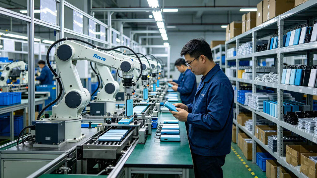China electronics factory workshop, production line of portable fans, power banks and phone tripods